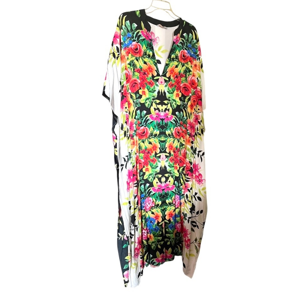 Johnny Was Dana maxi kaftan dress swim cover white vivid floral front/back L/XL